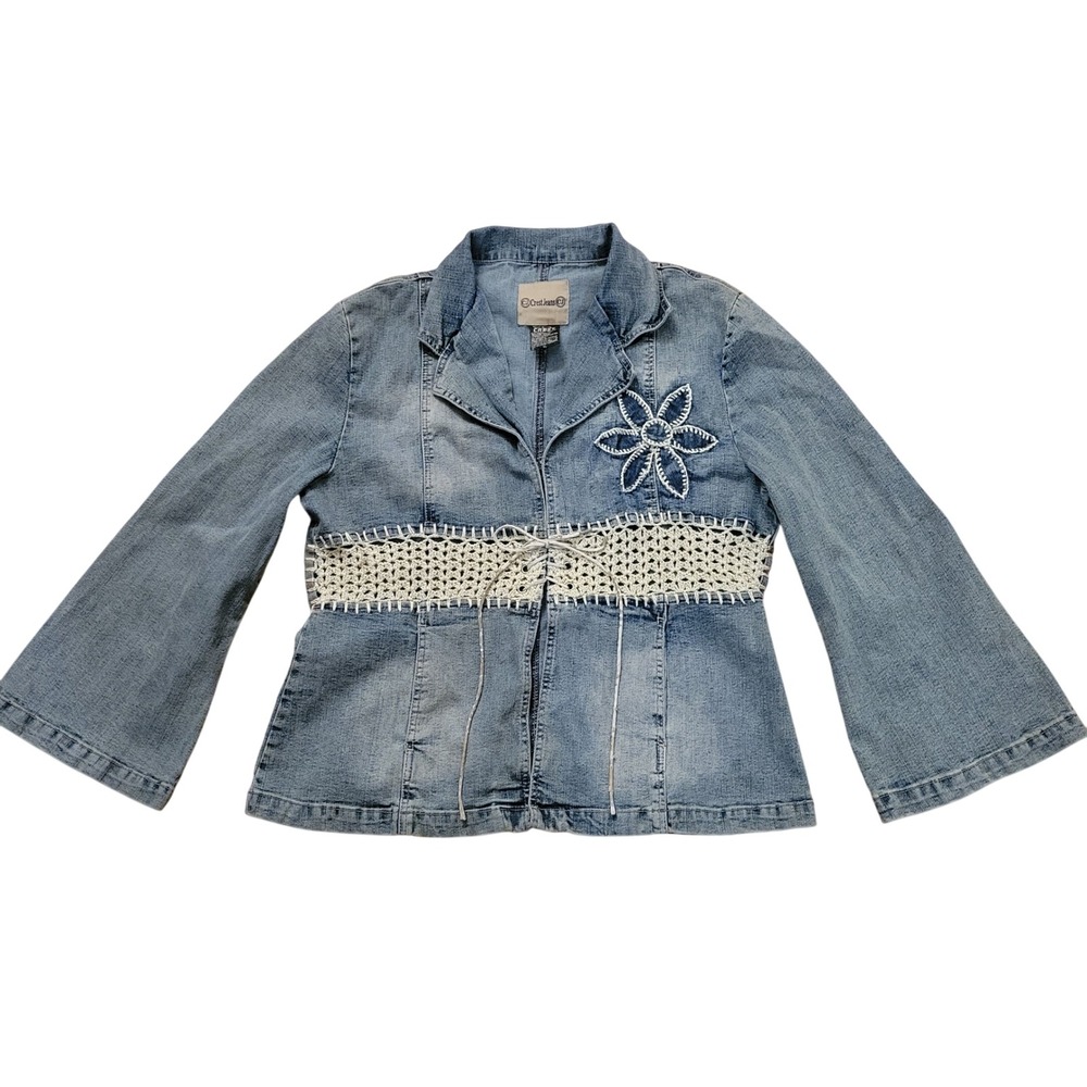 Crest Jeans 1XL Denim Jacket Crochet Lace Boho Bell Sleeve Blue Cottage‎ Hippie
